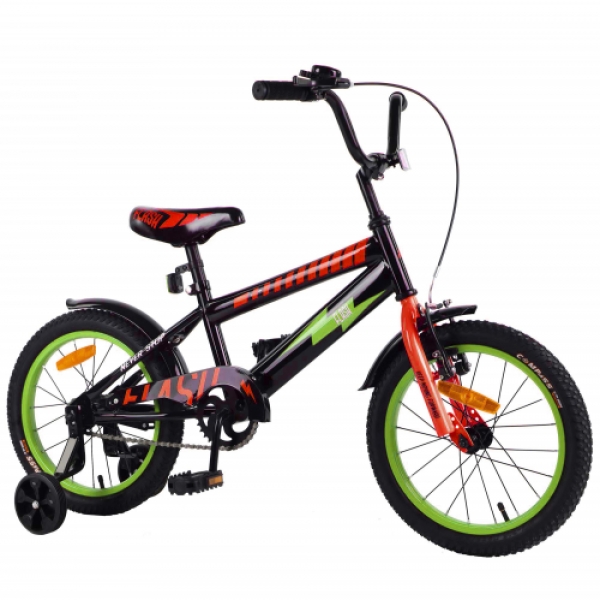 Детский велосипед Tilly FLASH 16' T-216410 (21649) двухколесный (2 дополнительные страховочные колеса, звонок и катафоты)